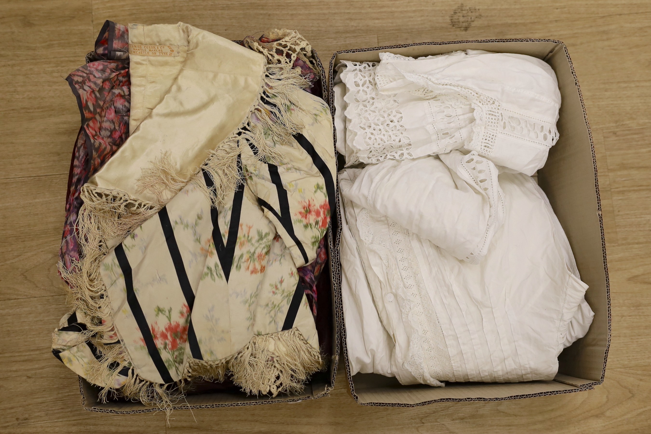 Two 19th century ladies blouses/jackets, a velvet two piece, a white worked chemise and nightdress